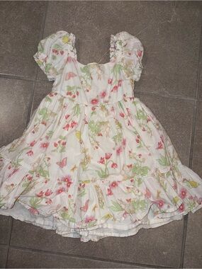 Shabby Chic White Floral Cotton Dress with Pink & Green Accents